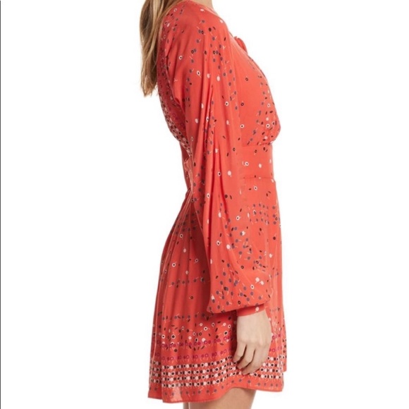 Free People Coryn Coral Orange Print Long Sleeve Dress, sz 0 - Picture 7 of 14